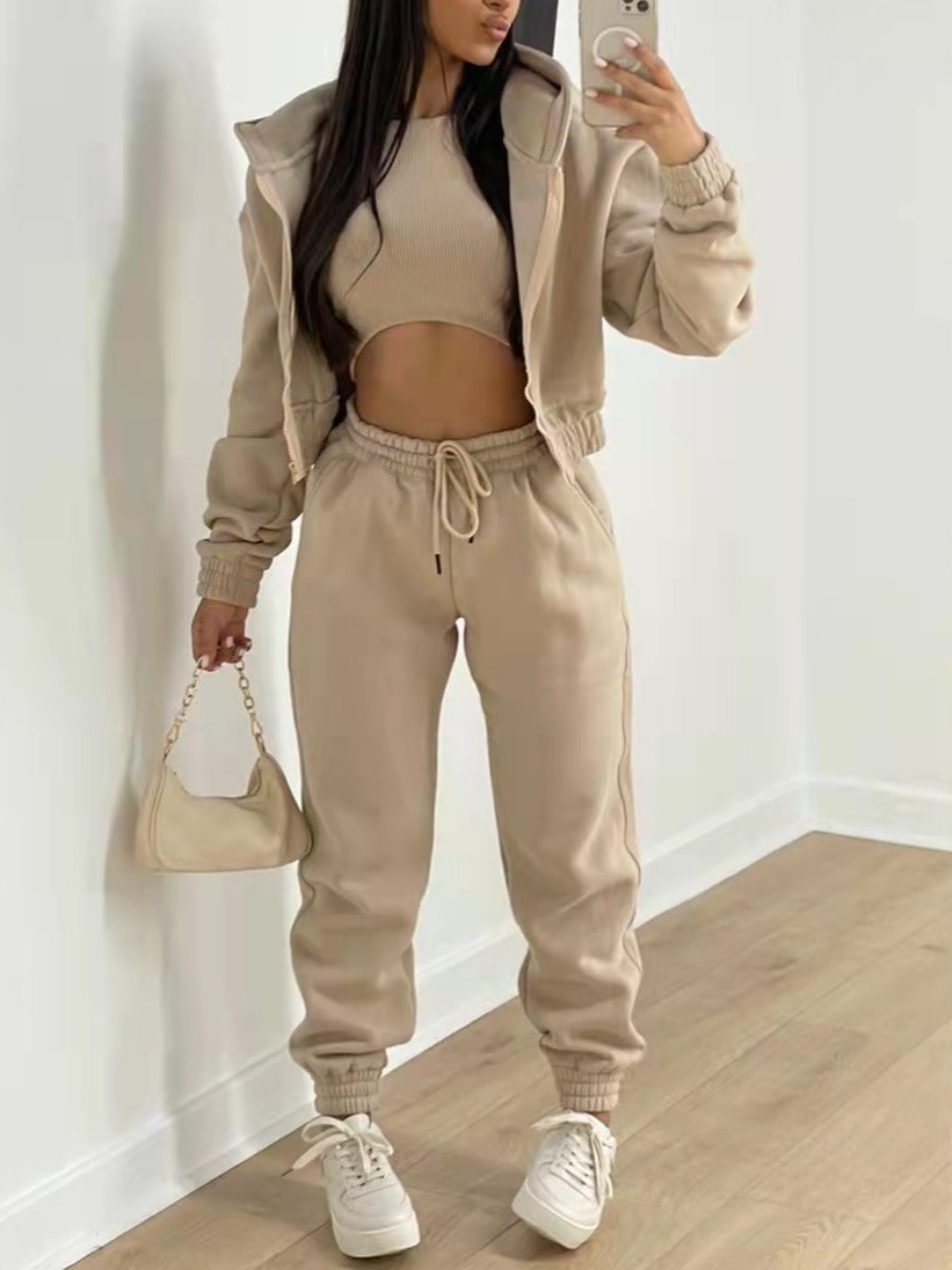 

LW Hooded Collar Zip Up Solid Three-piece Tracksuit Set, Khaki