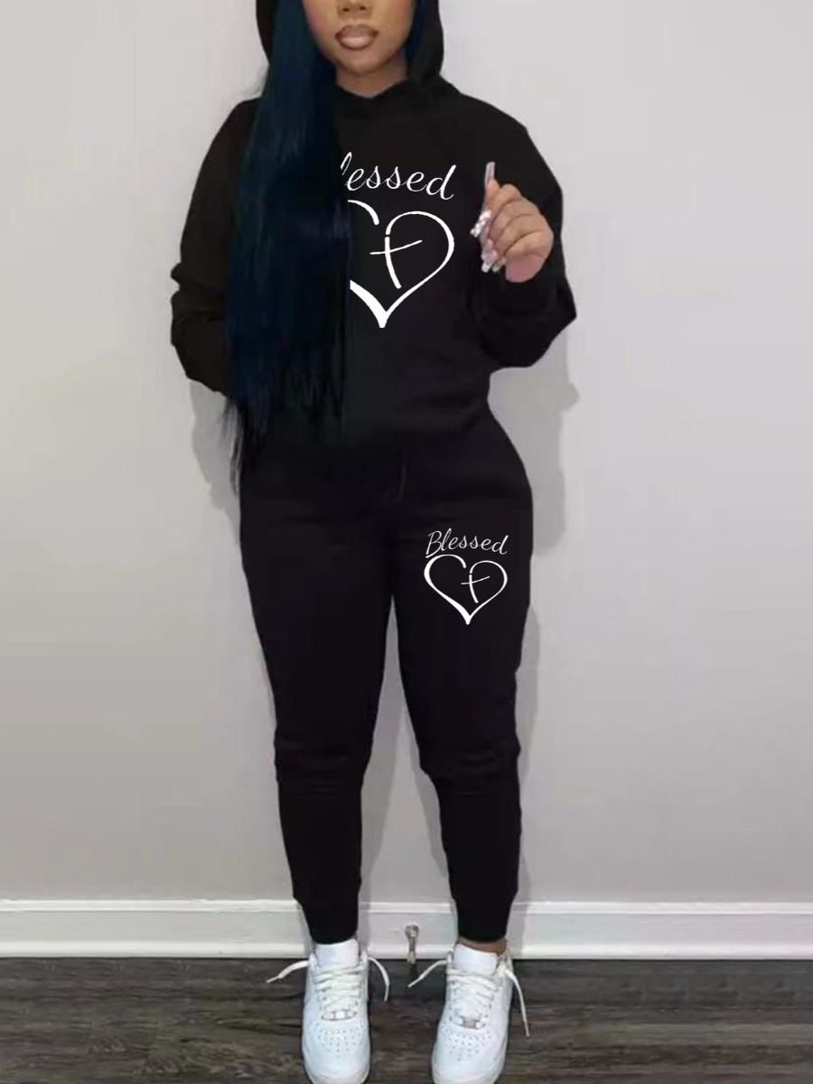 

LW Plus Size Heart Letter Print Tracksuit Set, Black