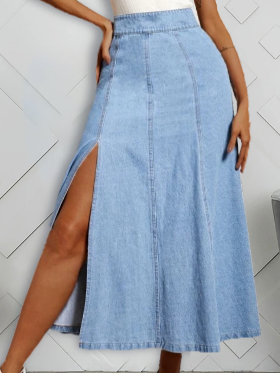 

LW Thigh Slit A Line Denim Skirt (No Stretch), Blue