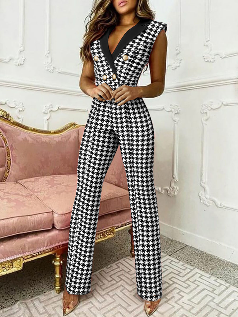 

LW Houndstooth Button Design Jumpsuit, Black and white