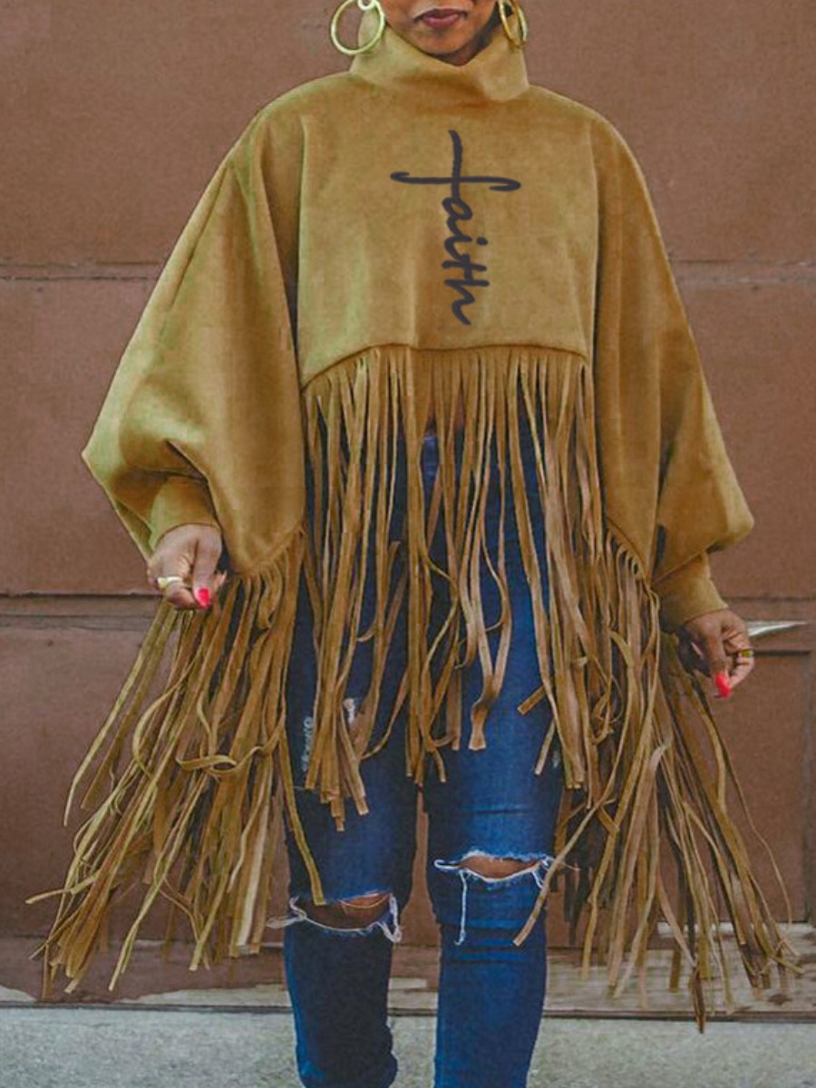 LW Faith Letter Print Tassel Design Sweatshirt, Khaki