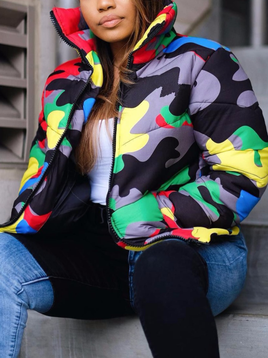 

LW Plus Size Camo Print Puffer Jacket, Gray camouflage