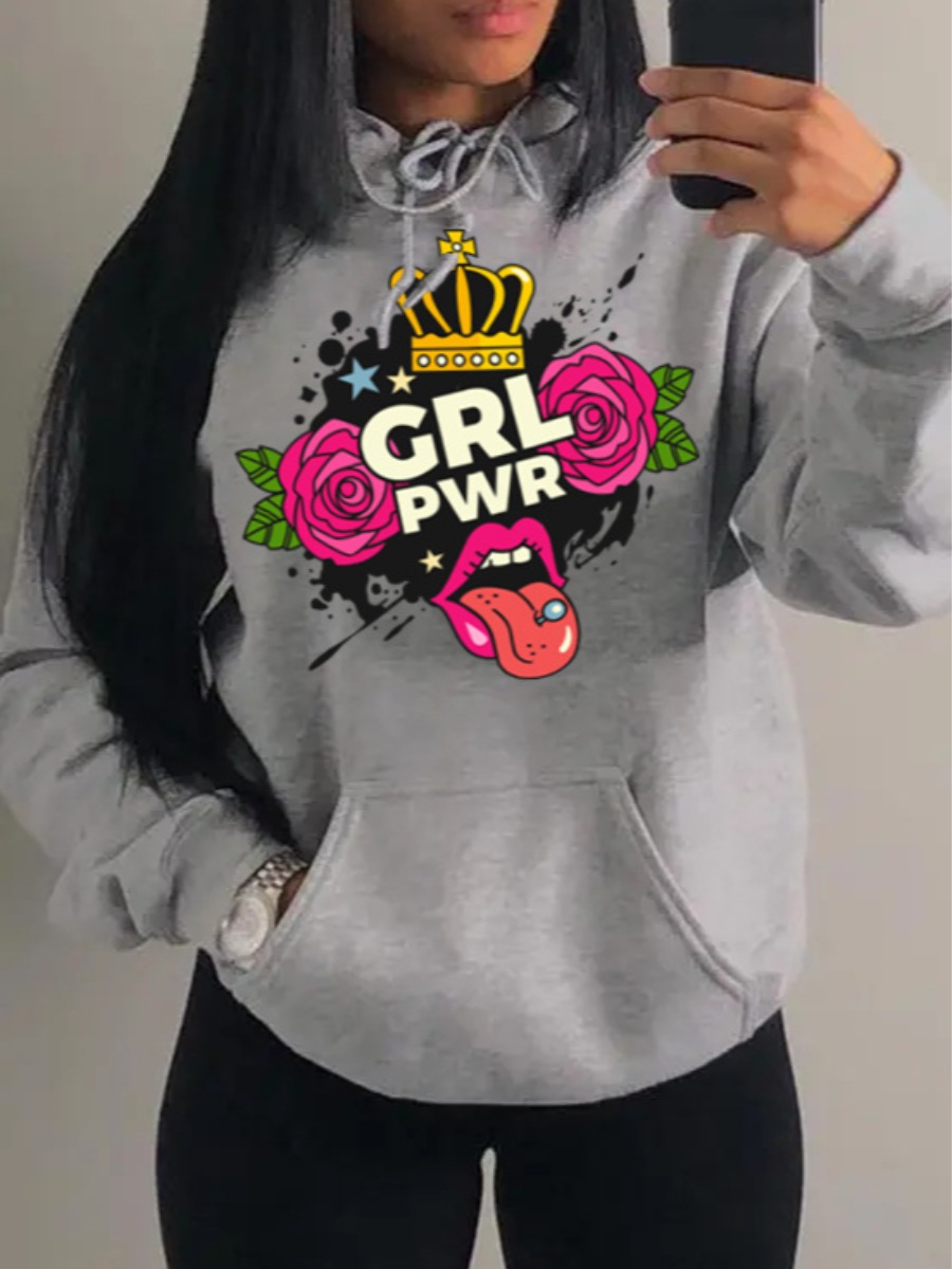

LW Letter Print Kangaroo Pocket Drawstring Oversized Hoodie, Grey