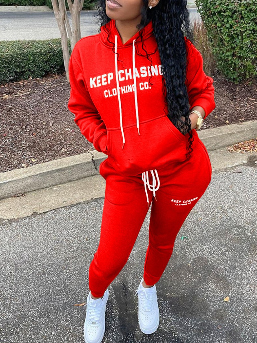 

LW Letter Print Drawstring Tracksuit Set, Red