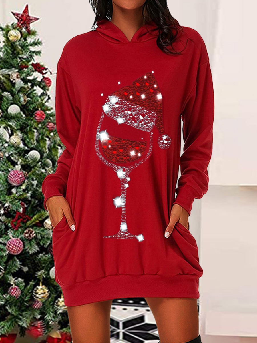 

LW Christmas Day Print Kangaroo Pocket Sweat Dress, Red
