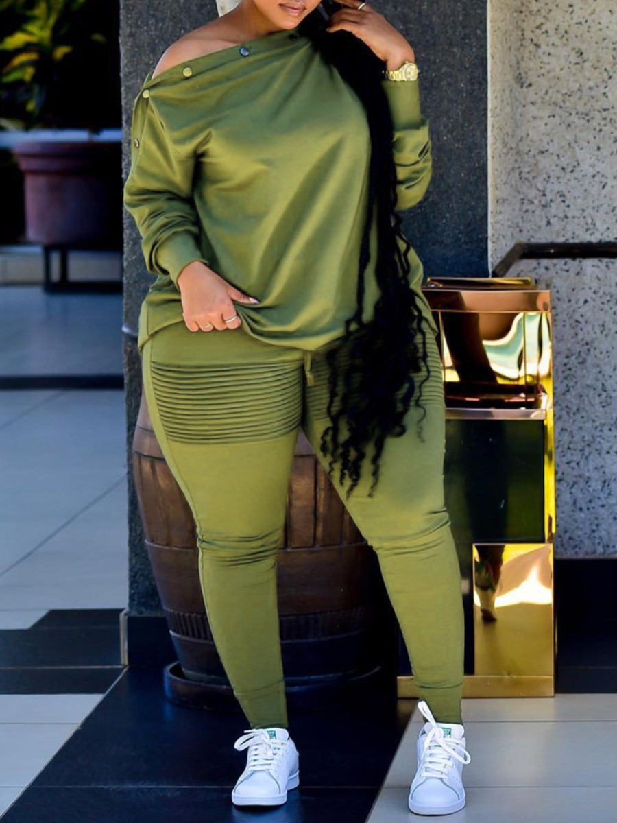 

LW Plus Size Boat Neck Drawstring Pants Set, Army green