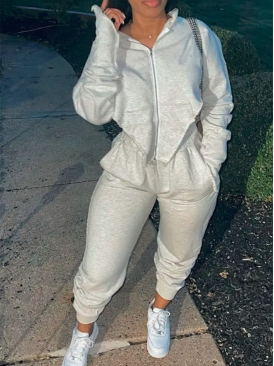 

LW Hooded Collar Asymmetrical Tracksuit Set, Grey