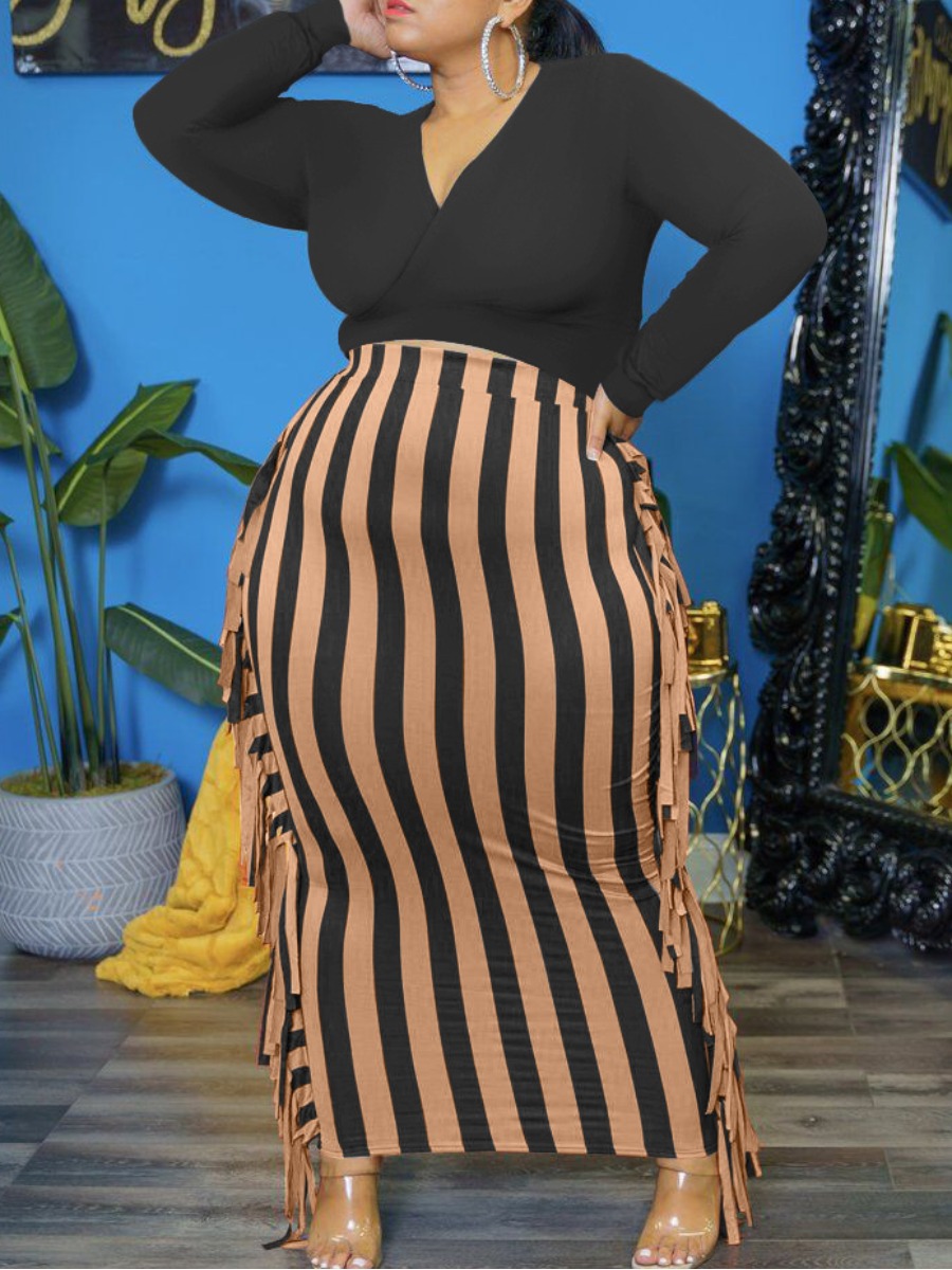 

LW Plus Size Tassel Design Striped Skirt Set, Black