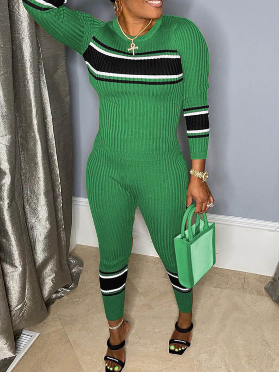 

LW Striped Rib-Knit Pants Set, Green