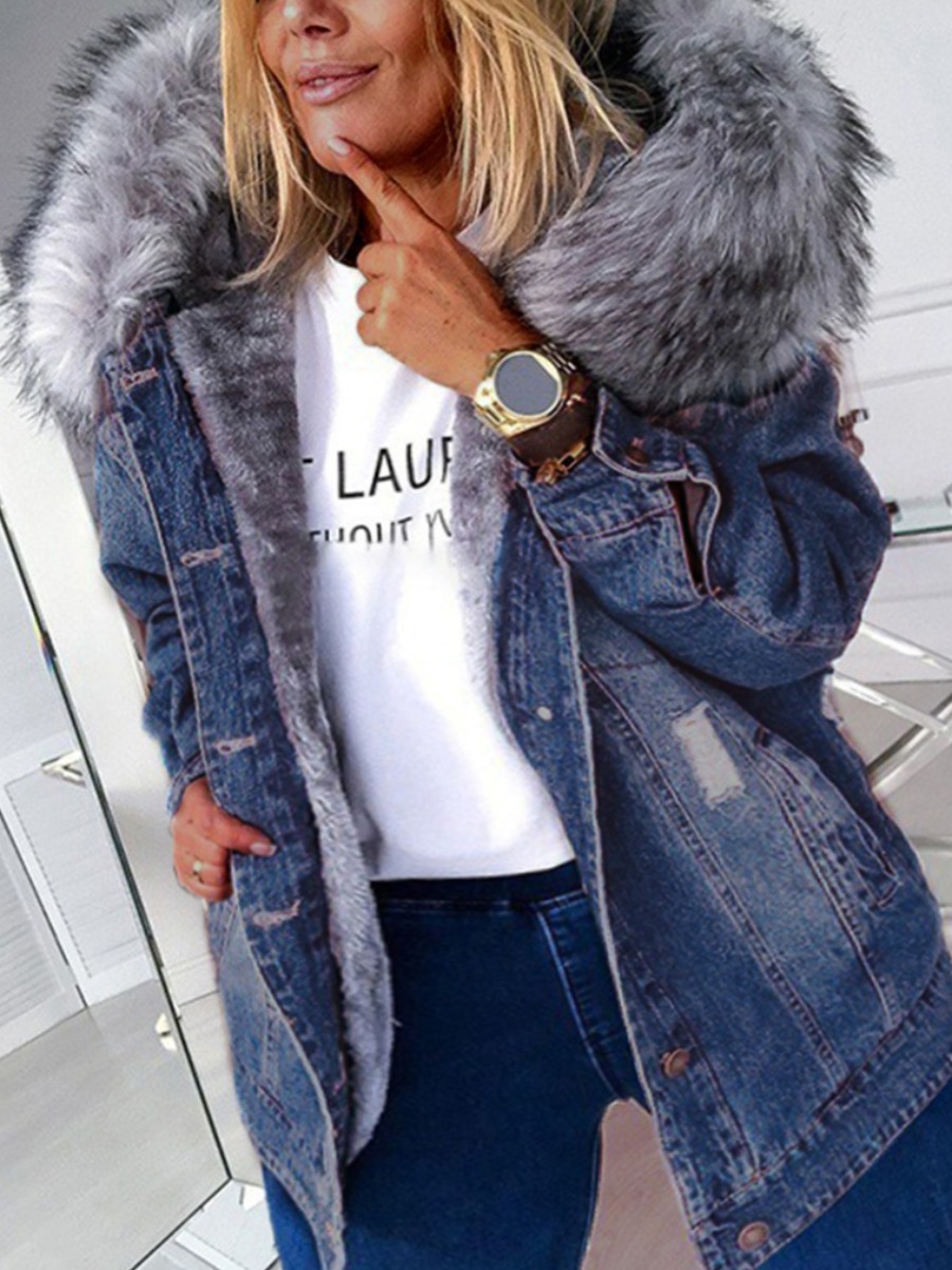 LW Plus Size Hooded Collar Ripped Patchwork Denim 