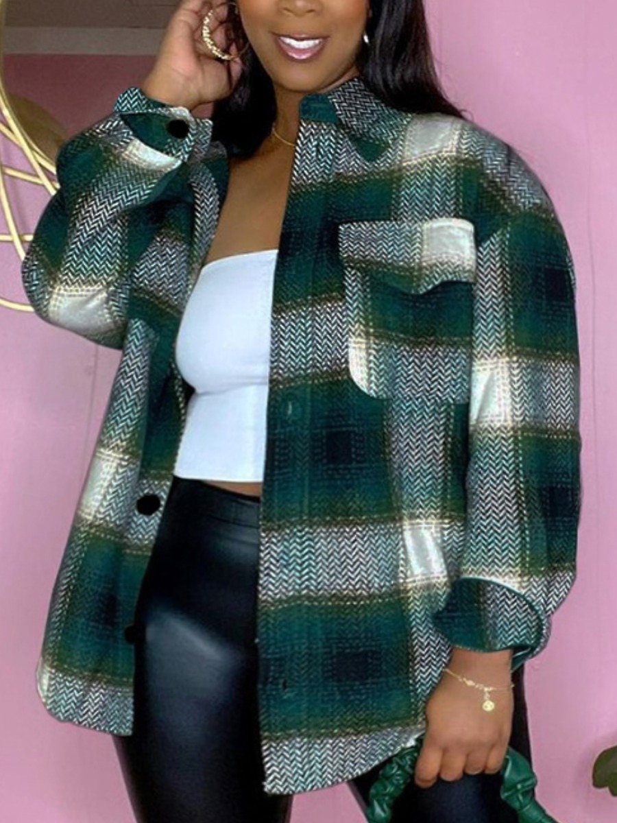 

LW Plus Size Plaid Print Pocket Design Coat, Green
