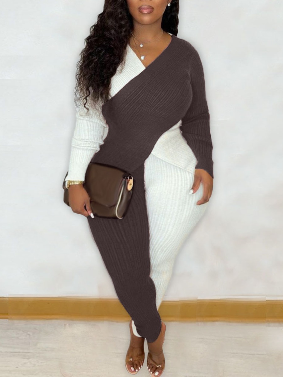 LW SXY Plus Size V Neck Rib-Knit Pants Set