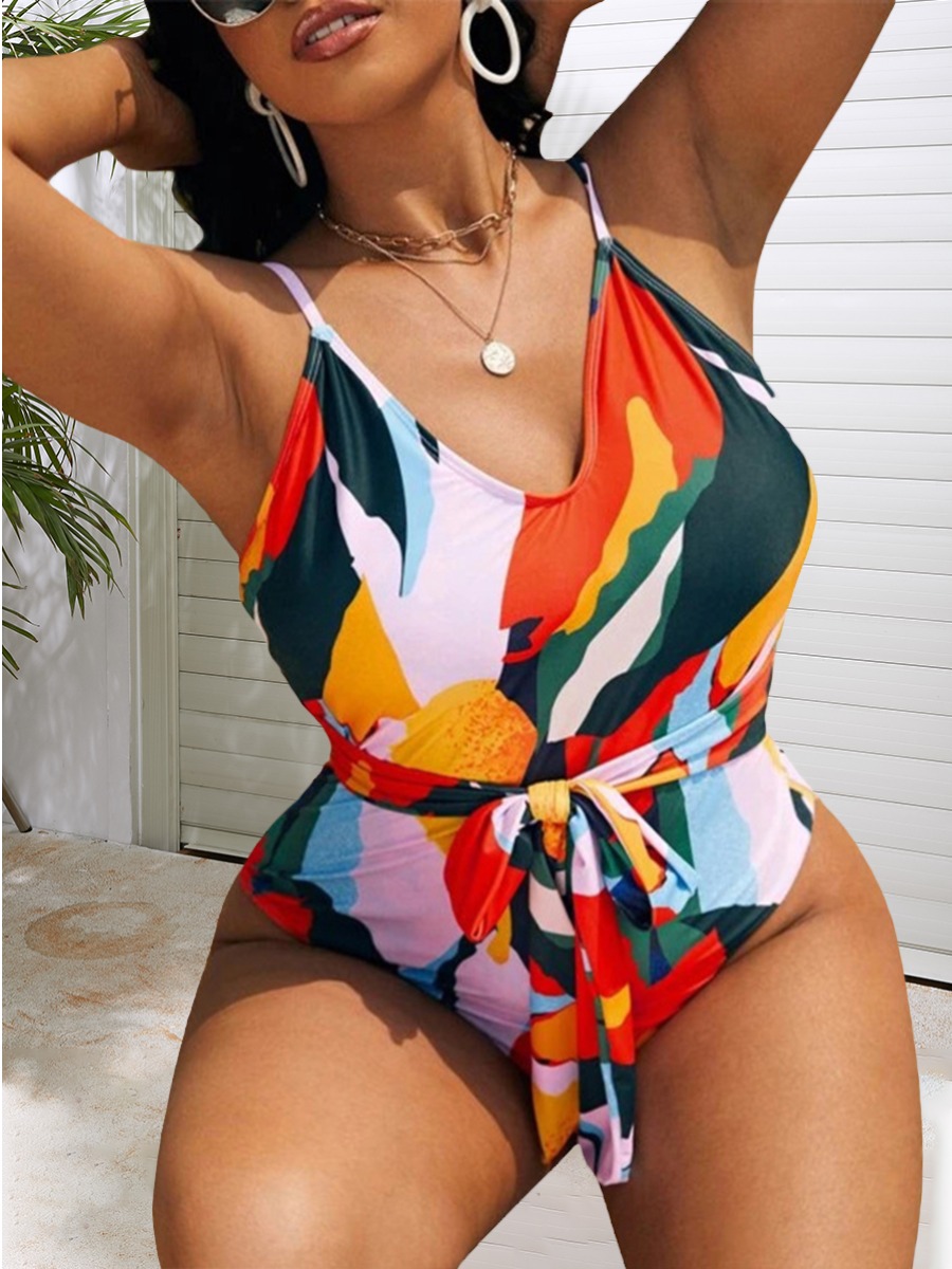

LW Plus Size Camo Print Bandage Design One-piece Swimsuit, Multi