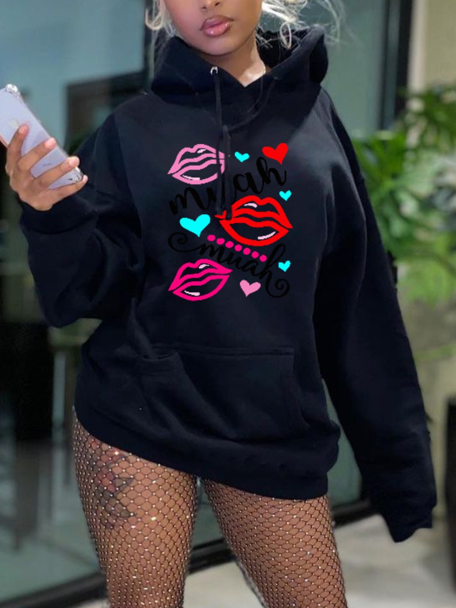 

LW Heart Lip Print Oversized Hoodie, Black