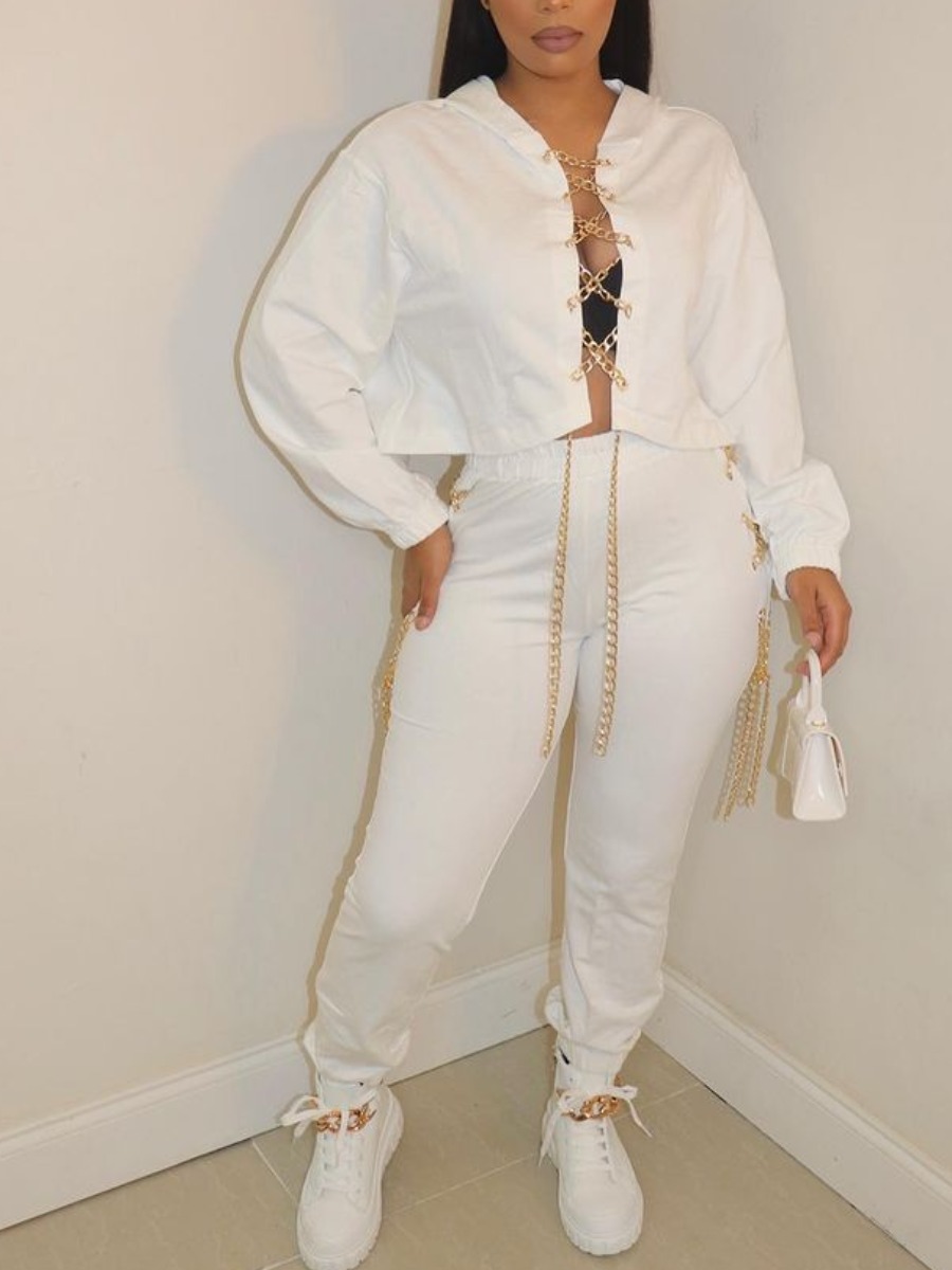 

LW Hooded Collar Chain Decor Pants Set, White