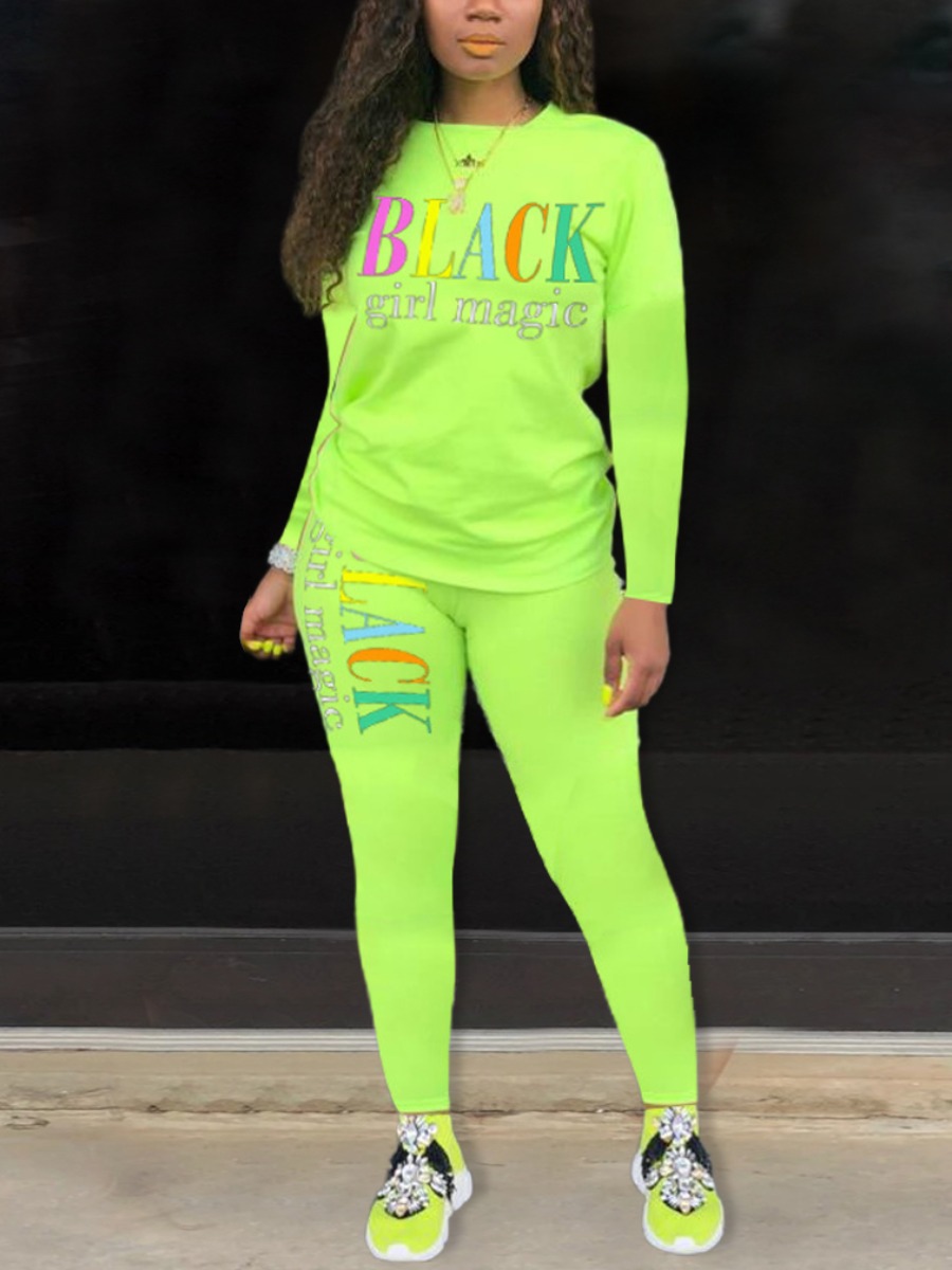 

LW Round Neck Letter Print Tracksuit Set, Green