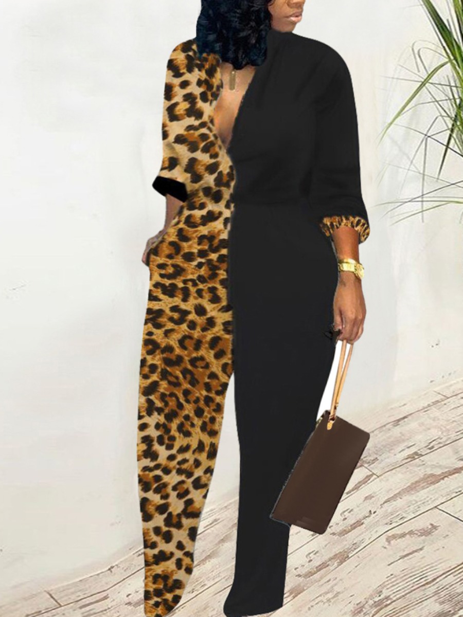 

LW V Neck Leopard Print Patchwork Jumpsuit, Black