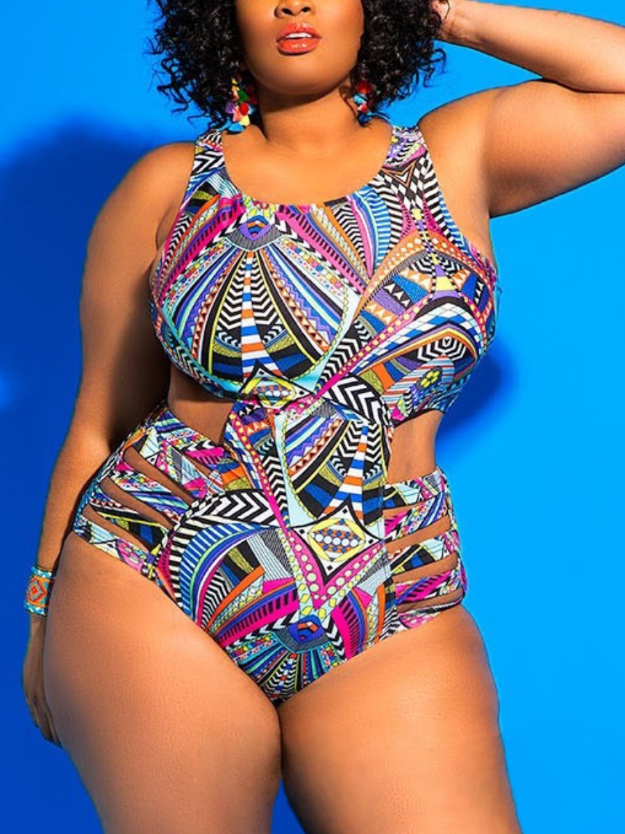 

LW Plus Size Tribal Print Cut Out One-piece Swimsuit, Multi