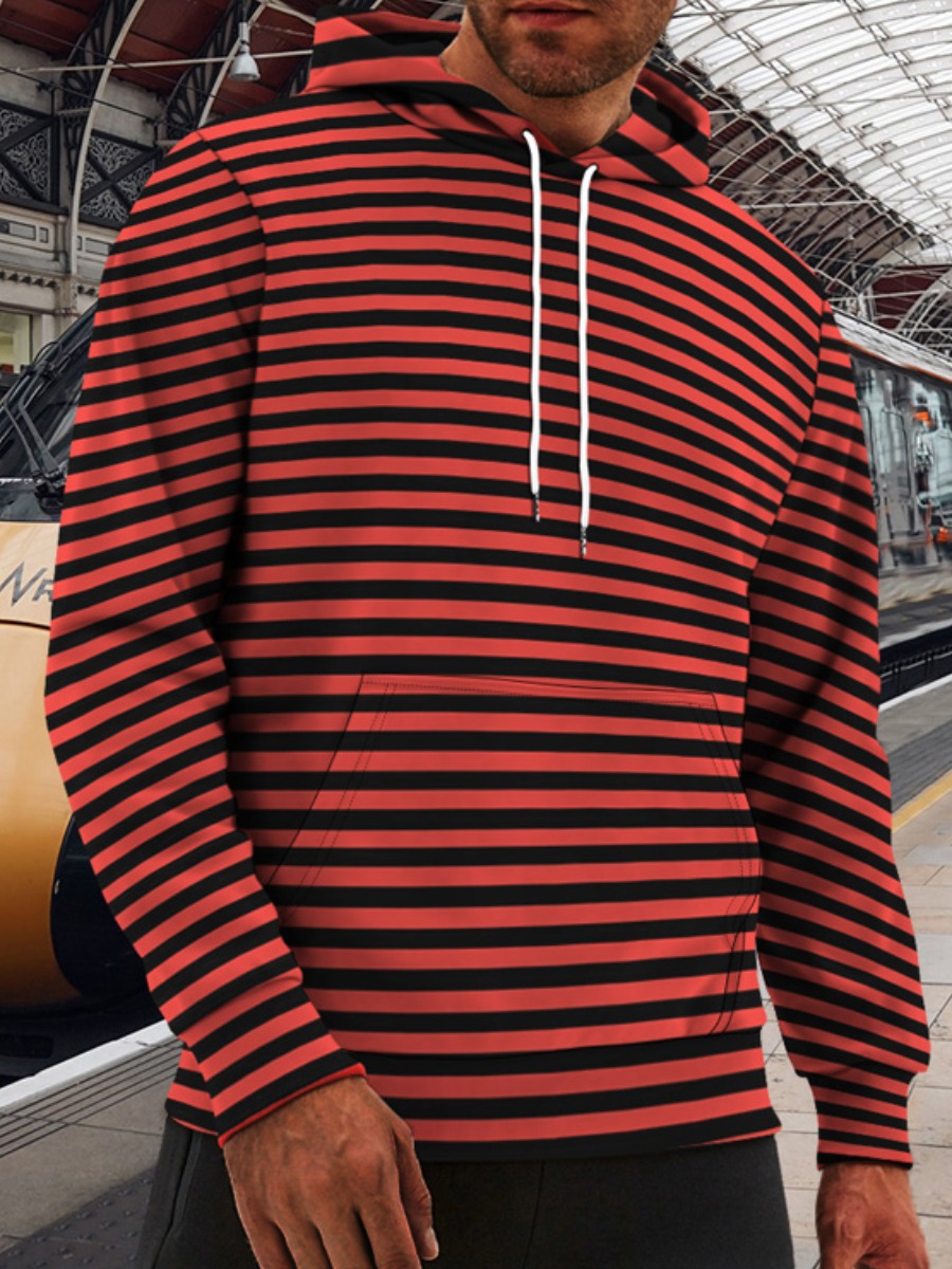 

LW Men Hooded Collar Striped Hoodie, Red stripe