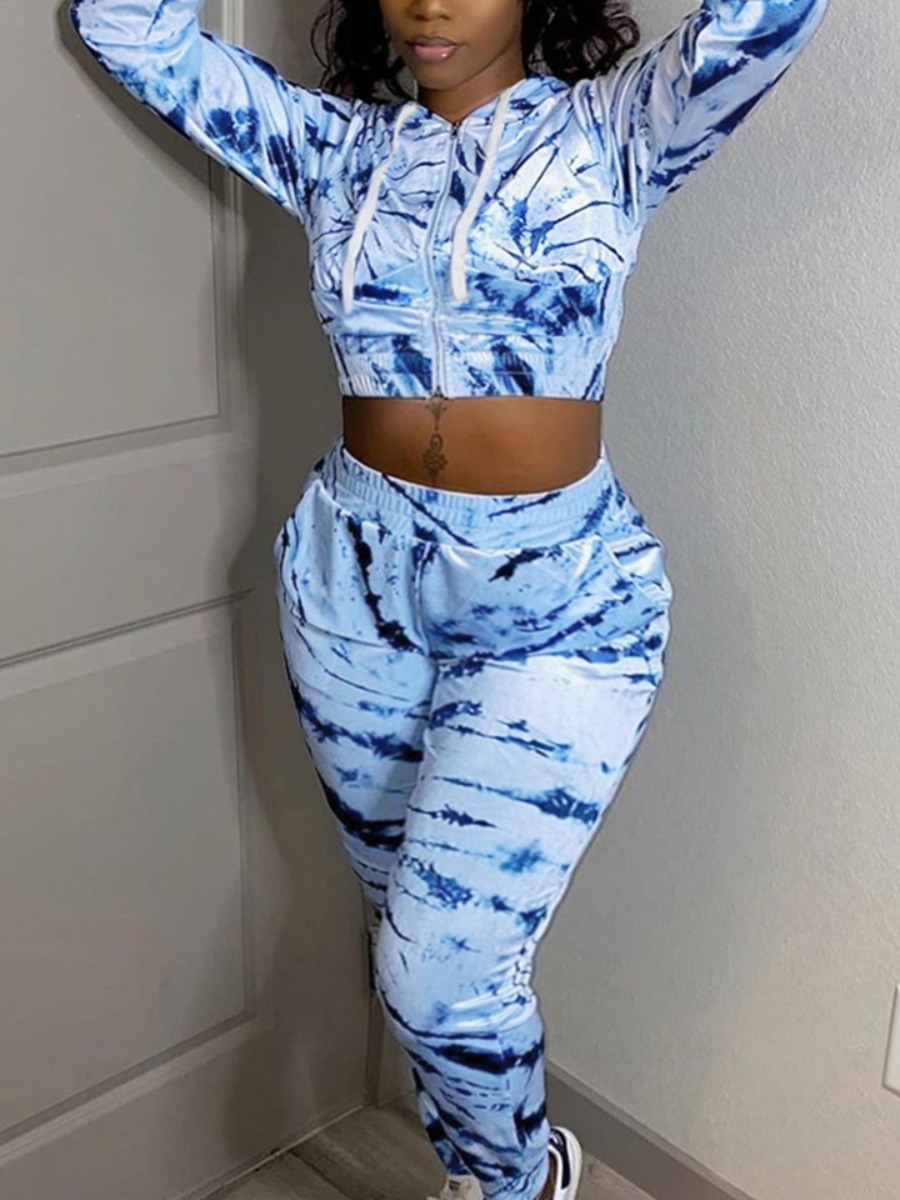 

LW Plus Size Gradient Print Drawstring Tracksuit Set, Blue