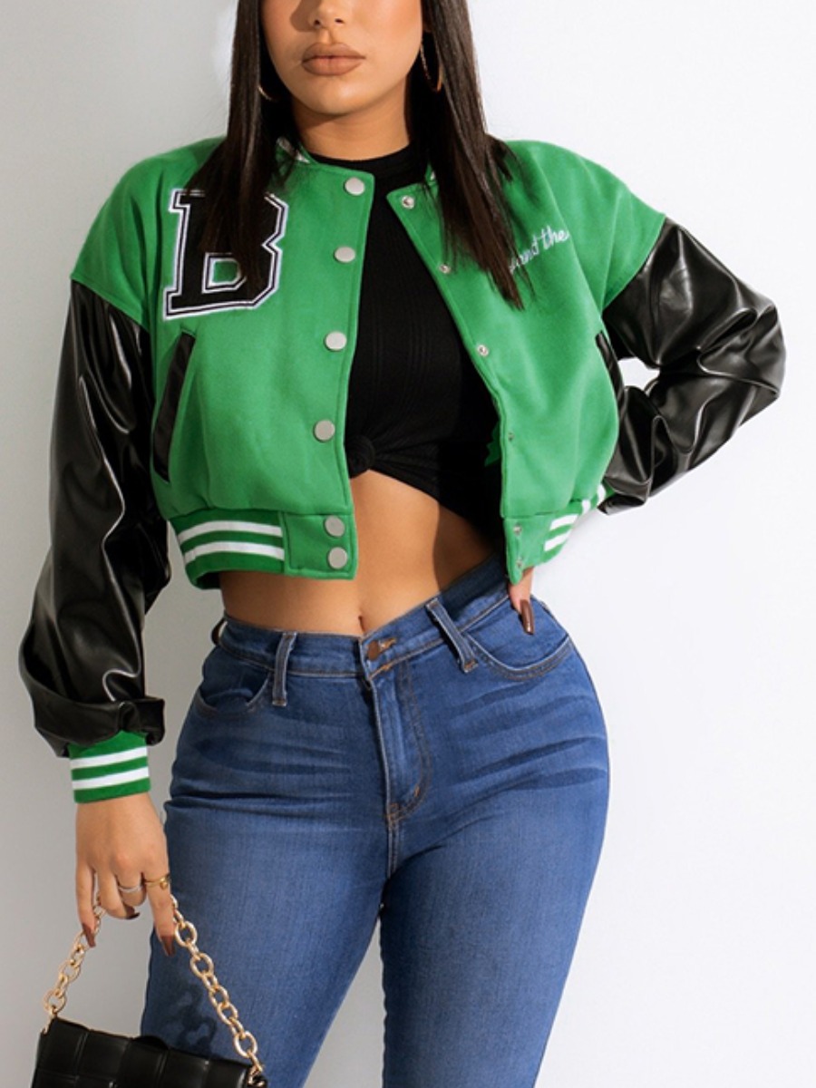 

LW Leather Letter Decor Striped Jacket, Green