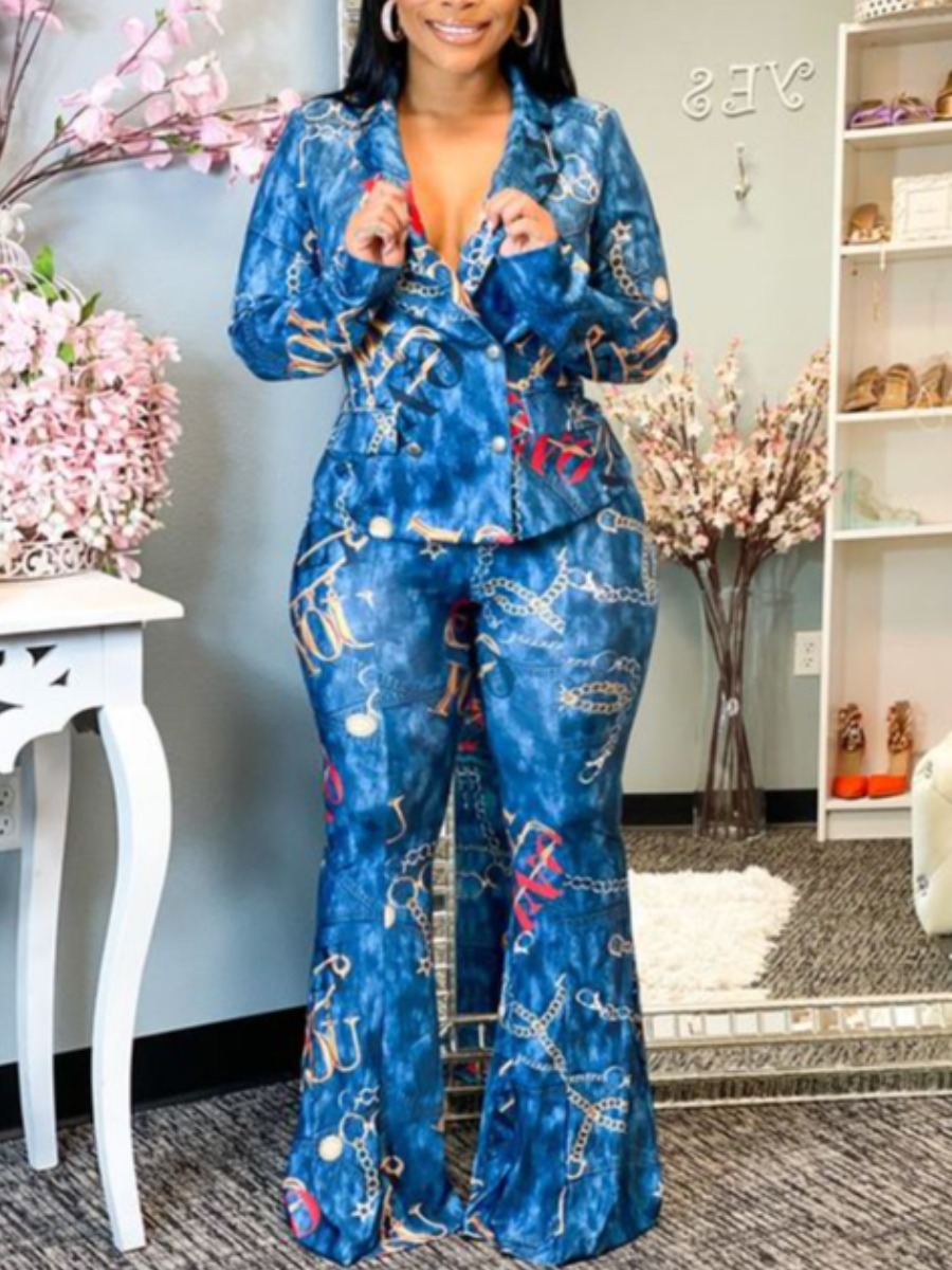 

LW Chain Print Flared Pants Set, Blue