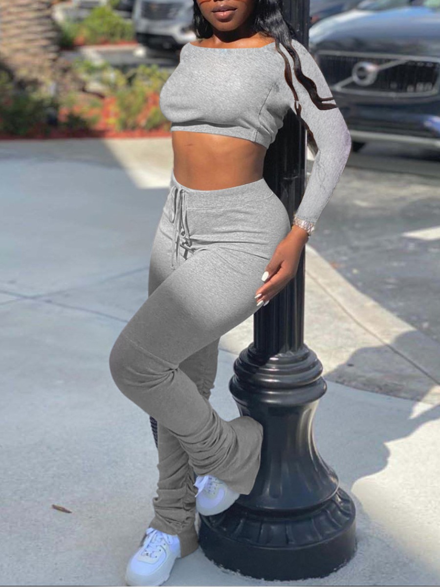 

LW Crop Top Drawstring Stacked Pants Set, Grey