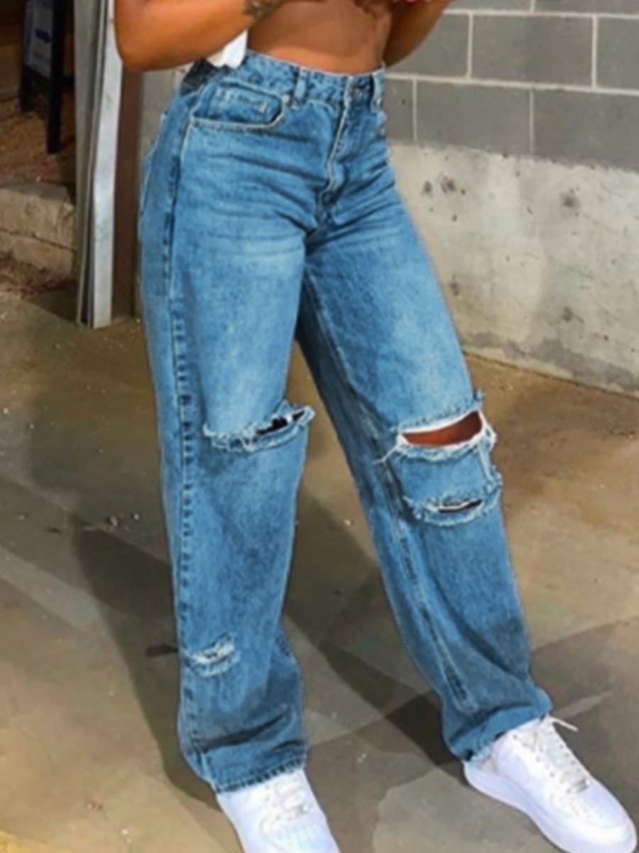 LW Mid Waist Ripped Straight Jeans, Blue