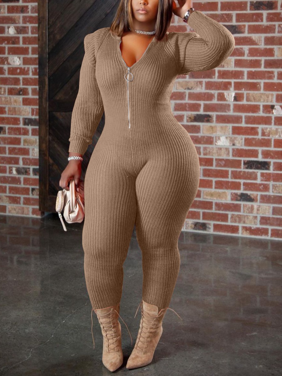 

LW Rib-Knit Zipper Design Skinny Jumpsuit, Khaki