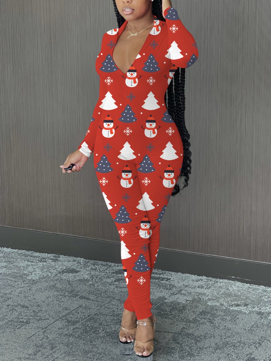 

LW Christmas Day Cartoon Print Jumpsuit, Red