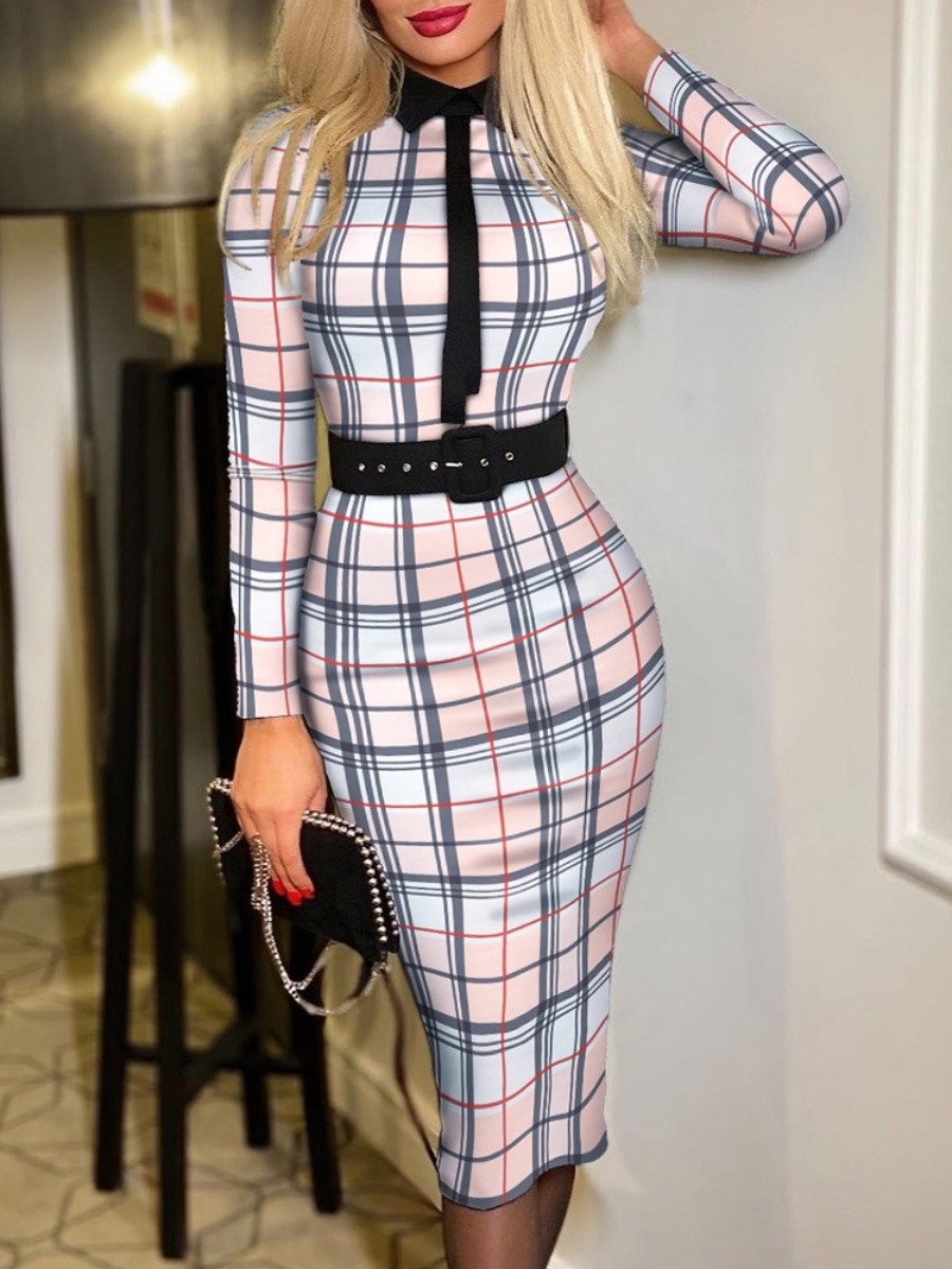 LW Plaid Print Button Design Bodycon Dress