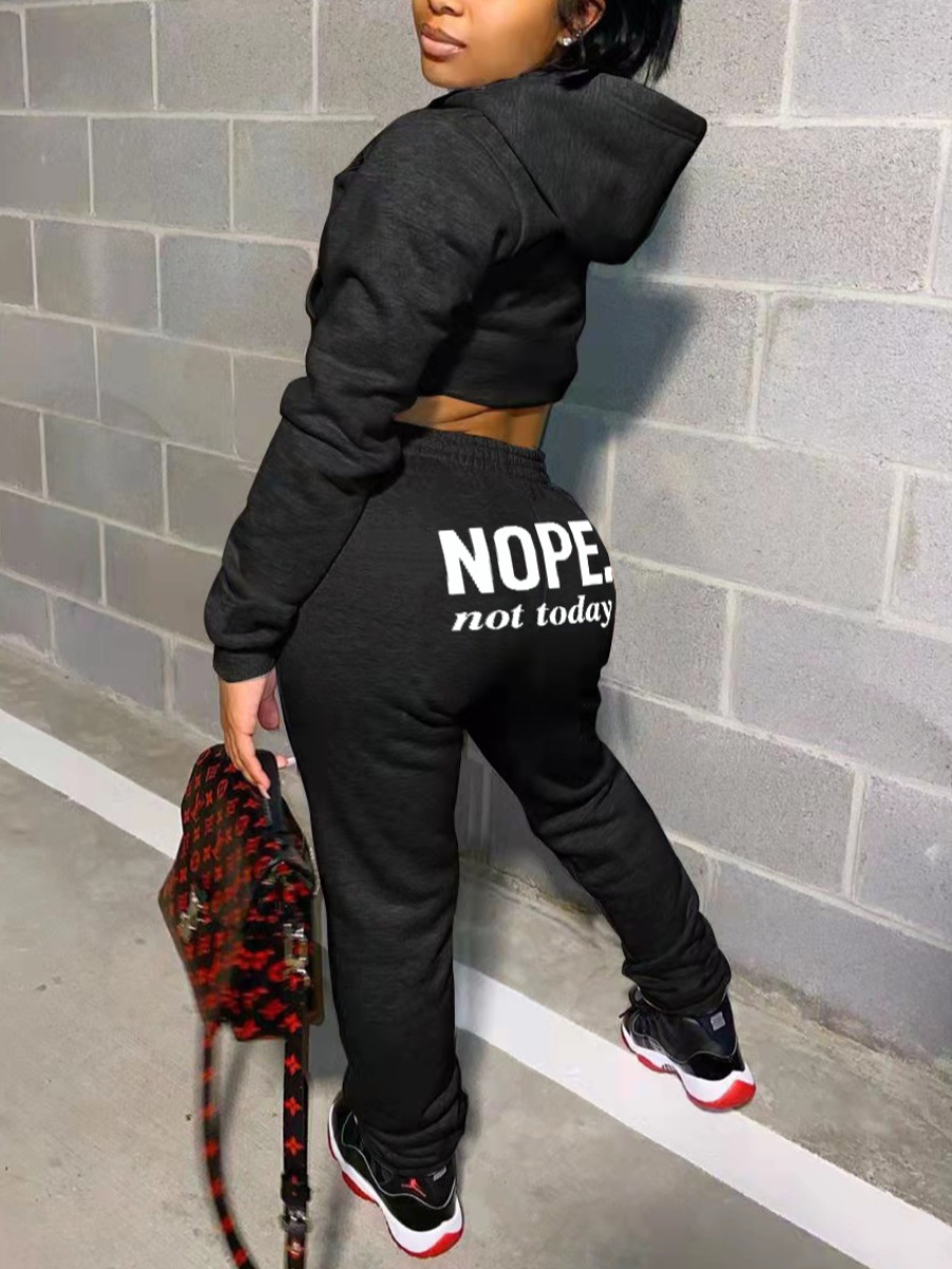 

LW Hooded Collar Letter Print Tracksuit Set, Black