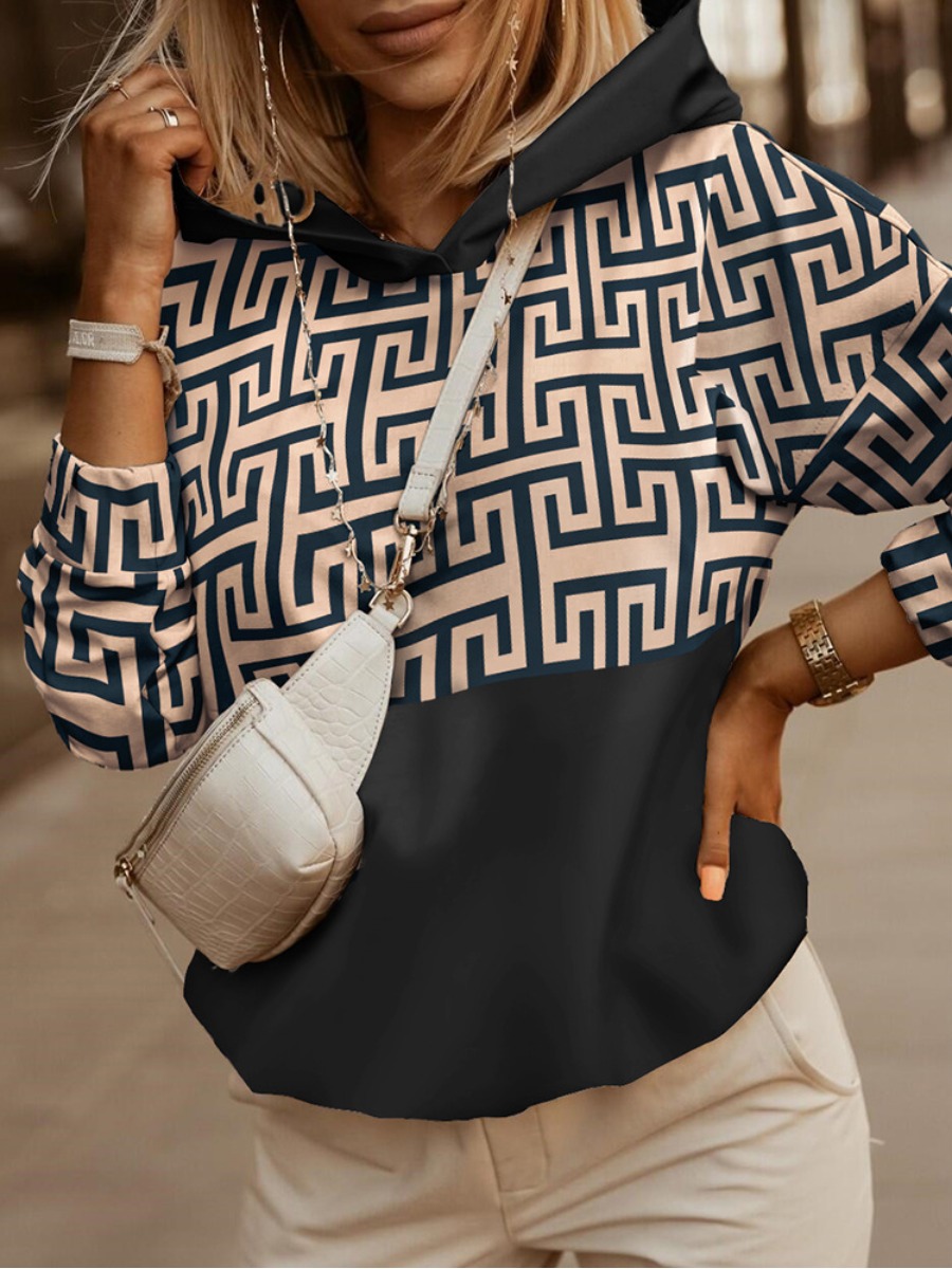 

LW Hooded Collar Geometric Print Hoodie, Black