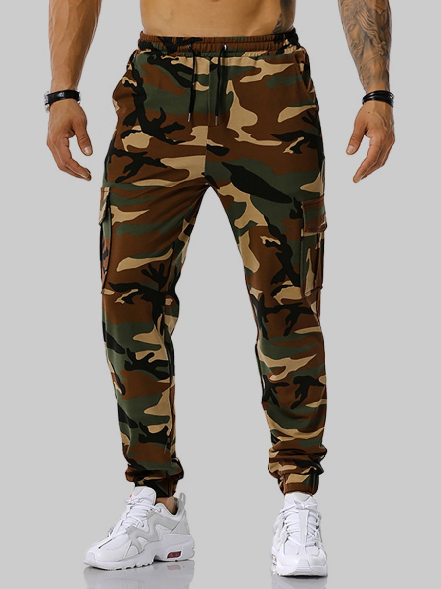 

LW Men Camo Print Side Pocket Pants, Army green camouflag