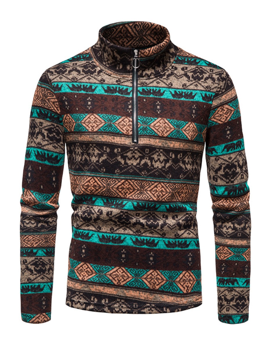

LW COTTON Men Turtleneck Mixed Print Sweater, Brown