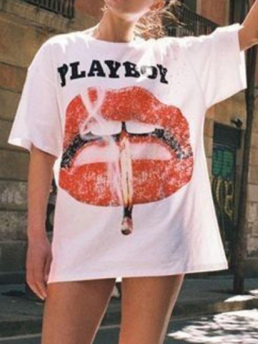 

LW Letter Lip Cigarette Print T-shirt, White