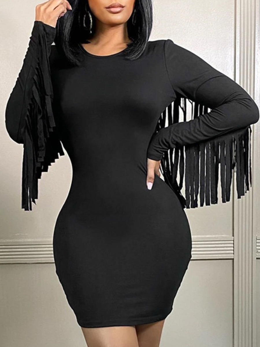 LW Round Neck Tassel Design Bodycon Dress