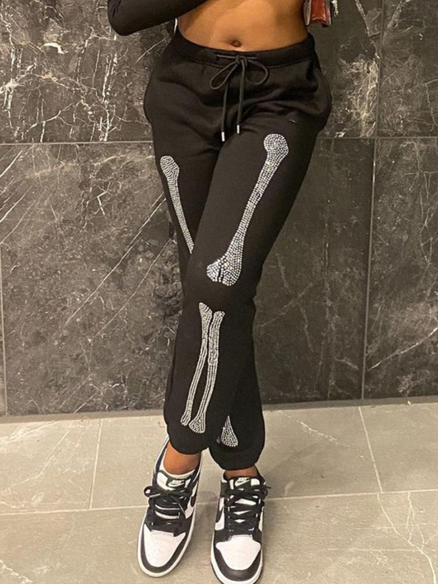 

LW Mid Waist Bone Print Drawstring Pants, Black