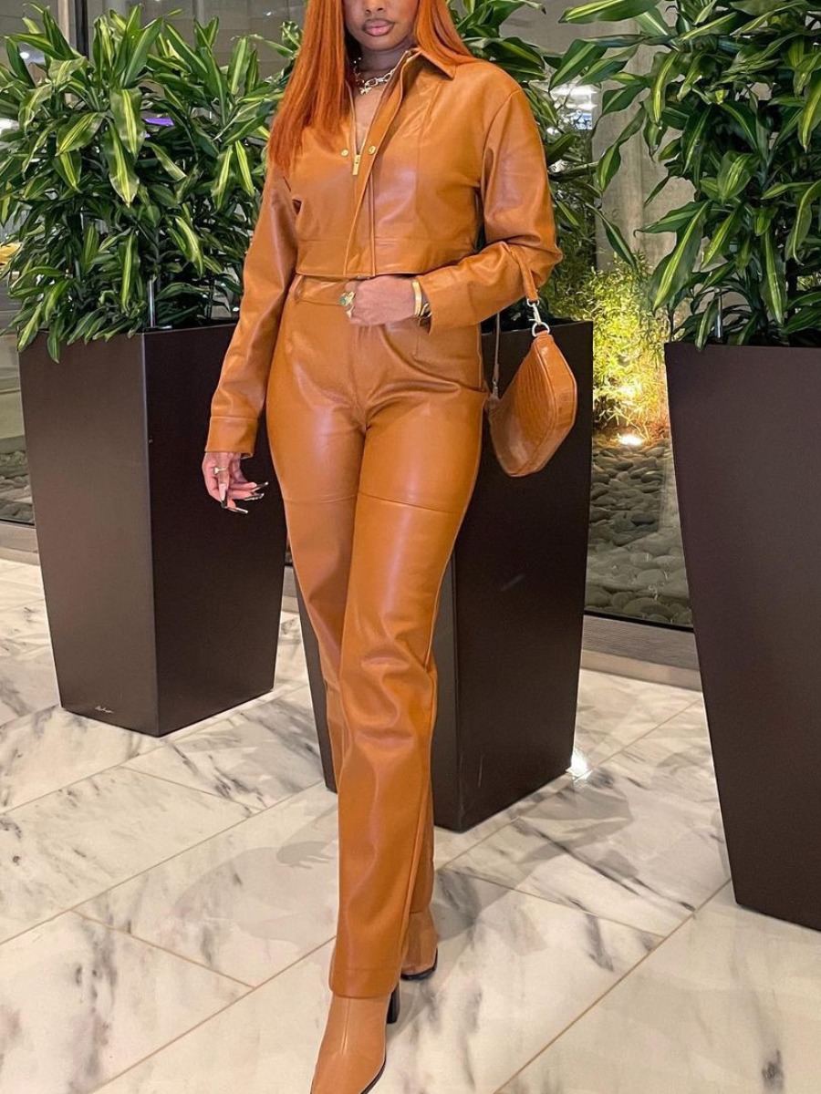 

LW Leather Zipper Design Pants Set, Brown