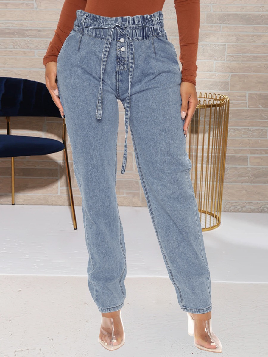 

LW Mid Waist Bandage Design Jeans, Blue