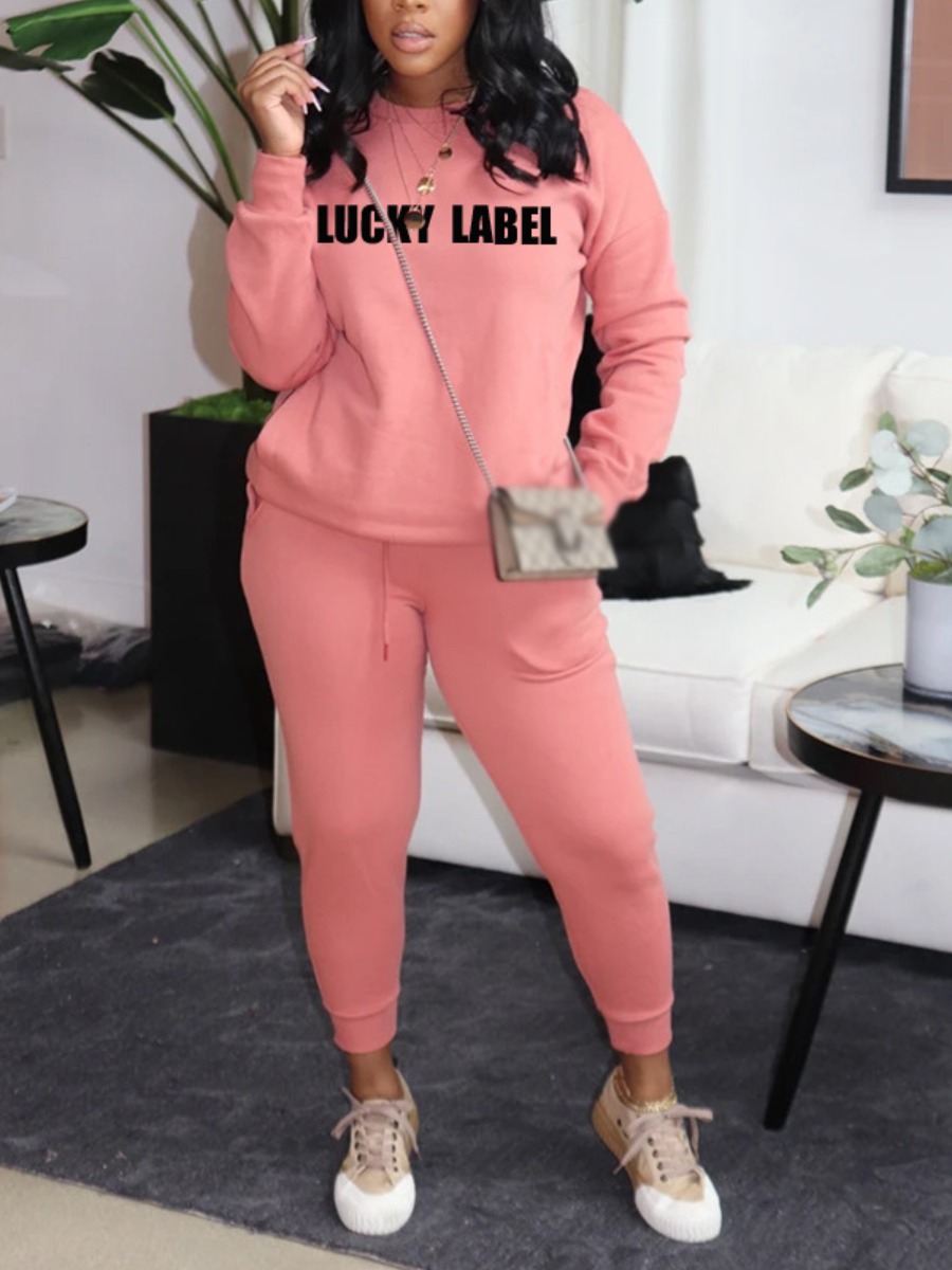 

LW Letter Print Drawstring Pocket Tracksuit Set, Pink