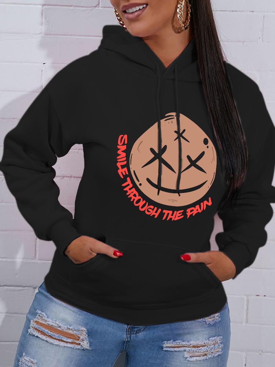 

LW Figure Letter Print Kangaroo Pocket Drawstring Hoodie, Black