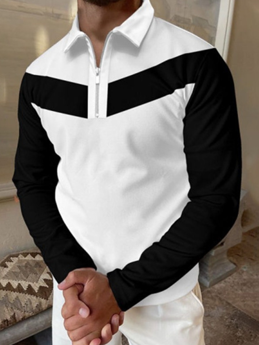 

LW COTTON Men Zip Up Plaid Print Patchwork Polo, White