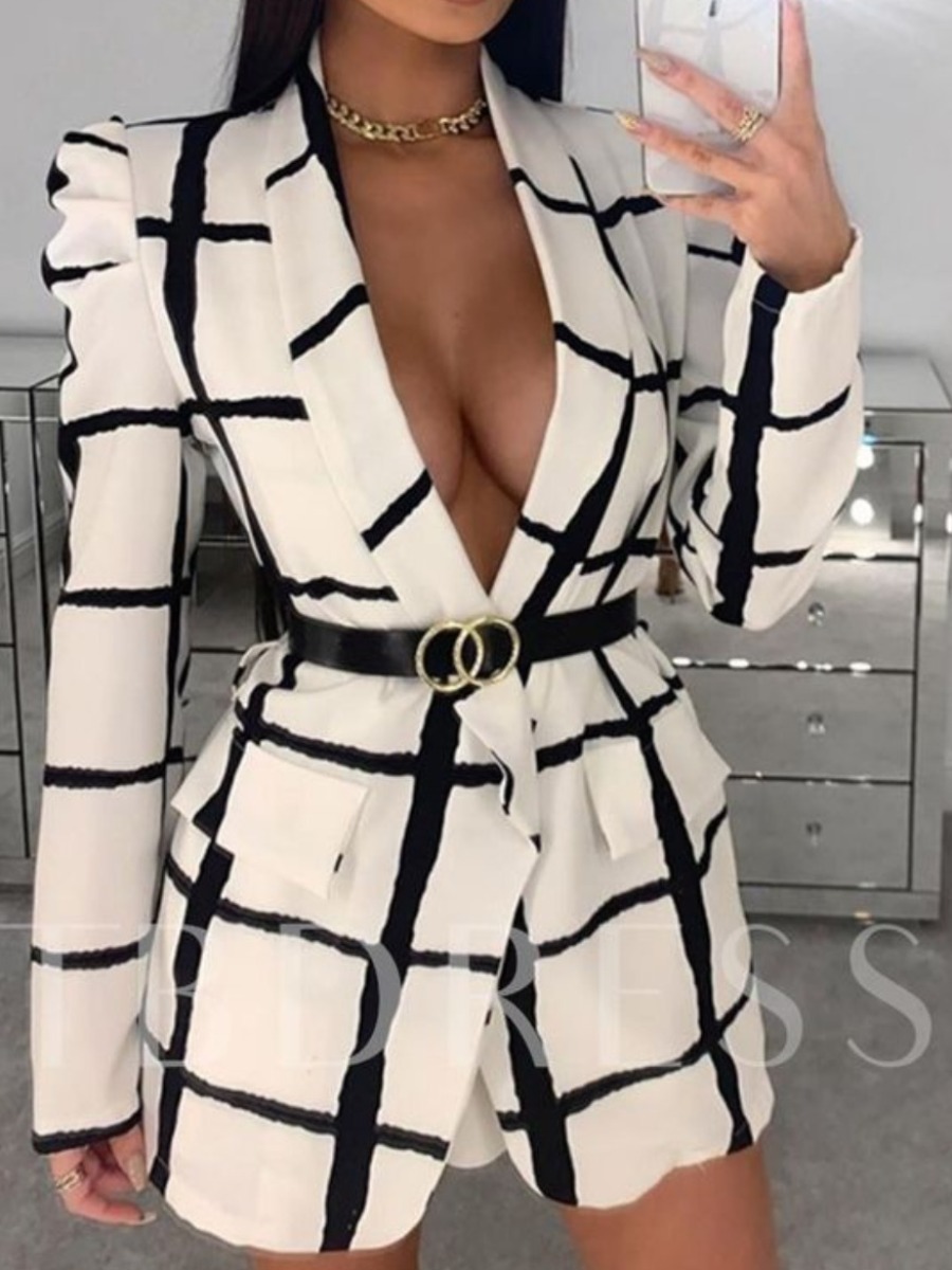 

LW Plaid Print Blazer (Without Belt), Black & white tartan