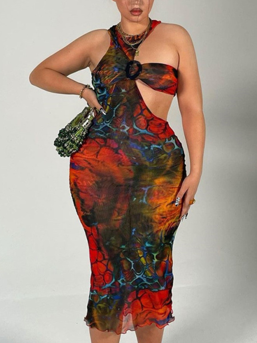 

LW SXY Tie Dye Cut Out Flounce Edge Bodycon Dress, Multi