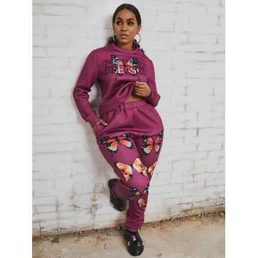 

LW Letter Butterfly Print Pullover Pants Set, Rose red