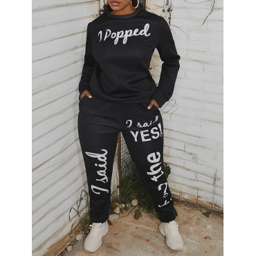 

LW Letter Print Pullover Pants Set, Black