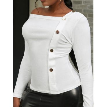

LW SXY Button Design Patchwork Regular Sweater, White