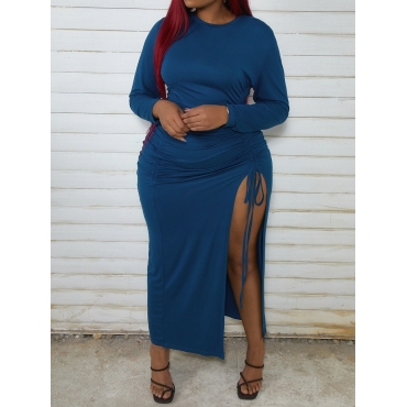 

LW Plus Size Velvet Drawstring Ruched Split Dress, Blue