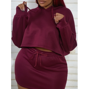

LW Plus Size Sweat Drawstring Pullover Skirt Set, Wine red
